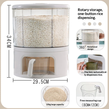 Vinzona 5-compartment grain storage container with clear labels for rice, dry food, and pantry organization in a kitchen.