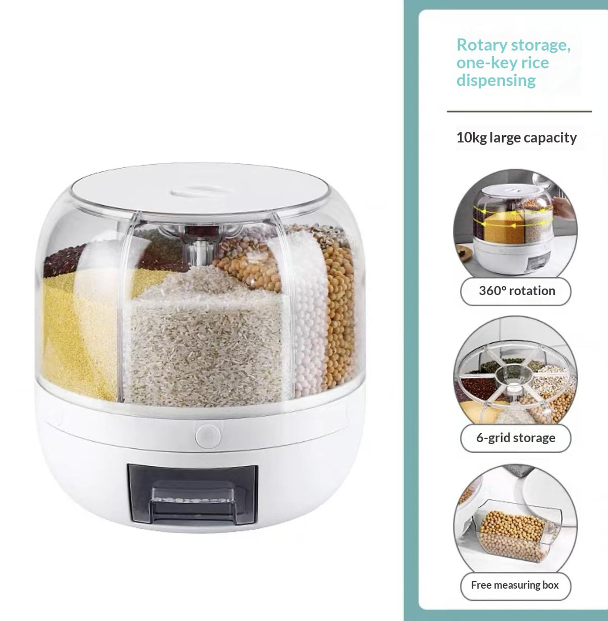Vinzona 5-compartment grain storage container for rice and dry foods, kitchen pantry organizer with clear plastic design.