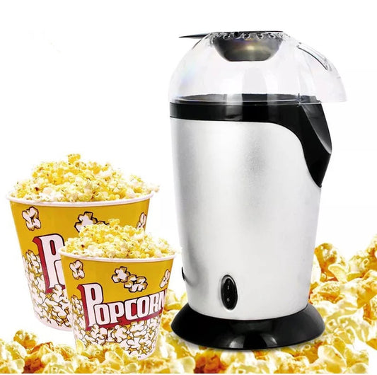 VinZona mini hot air popcorn maker producing fresh, oil-free popcorn for home use; compact kitchen appliance with transparent lid.