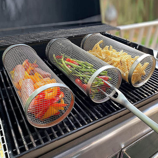 Stainless steel rotating BBQ grill basket for outdoor grilling, ideal for cooking vegetables, meats, and seafood efficiently.