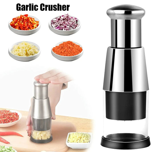 Vinzona manual garlic press and vegetable chopper with stainless steel blades for garlic, onions, and kitchen slicing tasks.