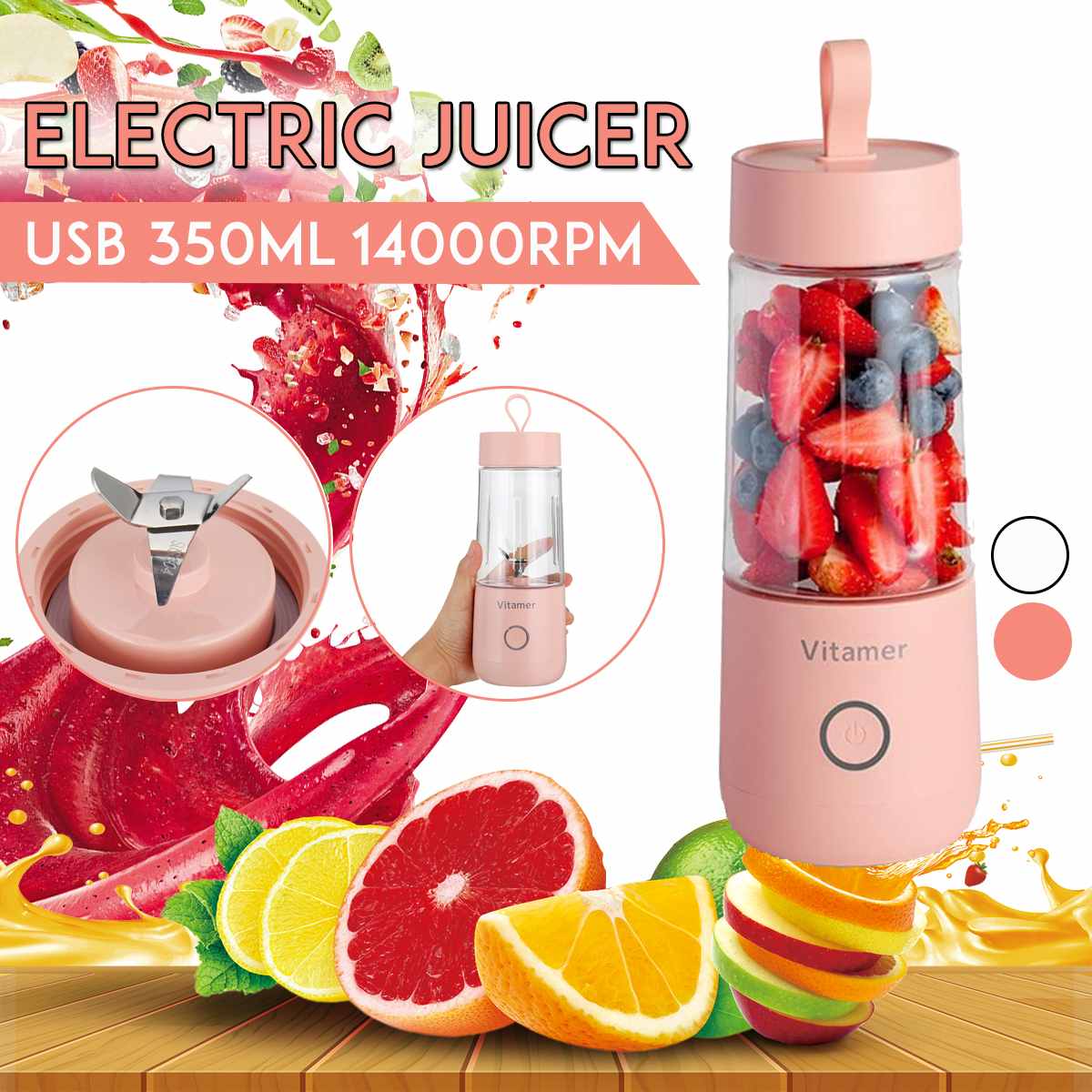 Vinzona 350ml portable USB rechargeable blender for smoothies and juices, with a compact design and blending blades visible.