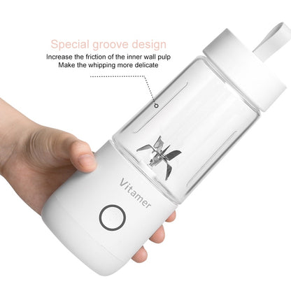Vinzona 350ml portable USB rechargeable blender with clear blending jar, lid, and control buttons for smoothies and juice.