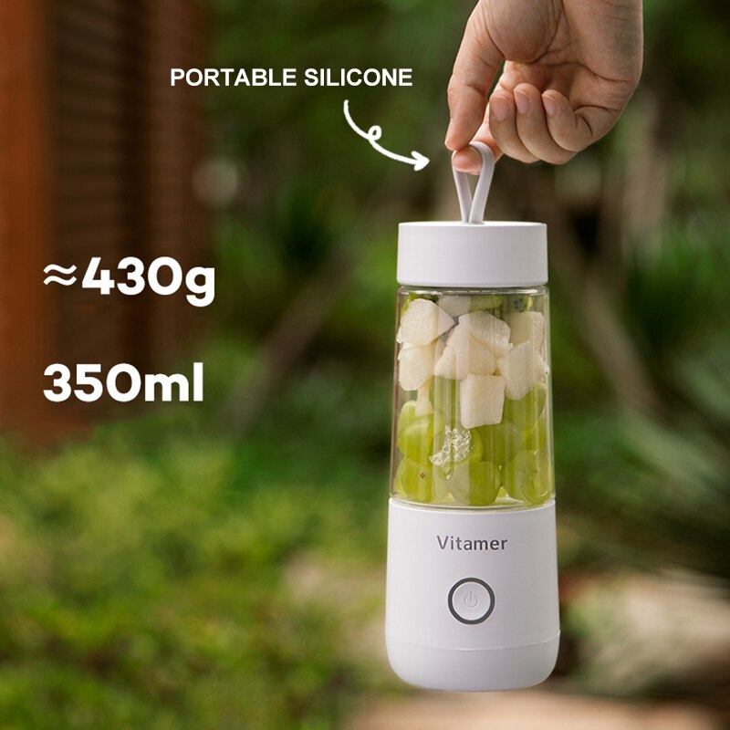 Vinzona 350ml portable USB rechargeable blender for smoothies and juices, featuring a compact design and clear blending jar.