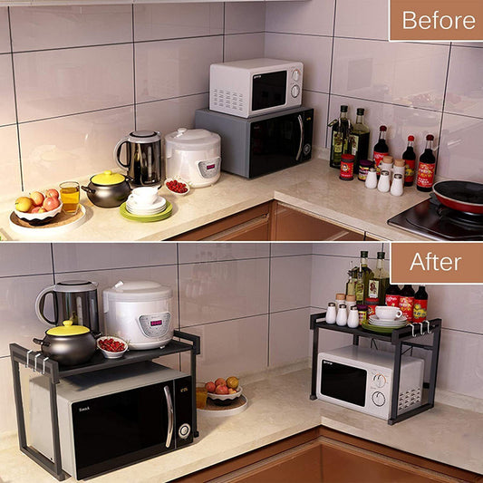 Expandable Vinzona kitchen storage rack with six hooks, perfect for organizing kitchen utensils and dining essentials.