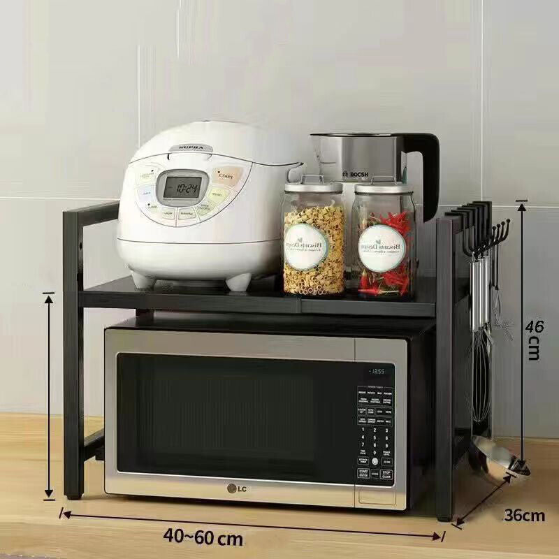 Vinzona expandable kitchen storage rack with 6 hooks, ideal for organizing cookware, utensils, and kitchen essentials.