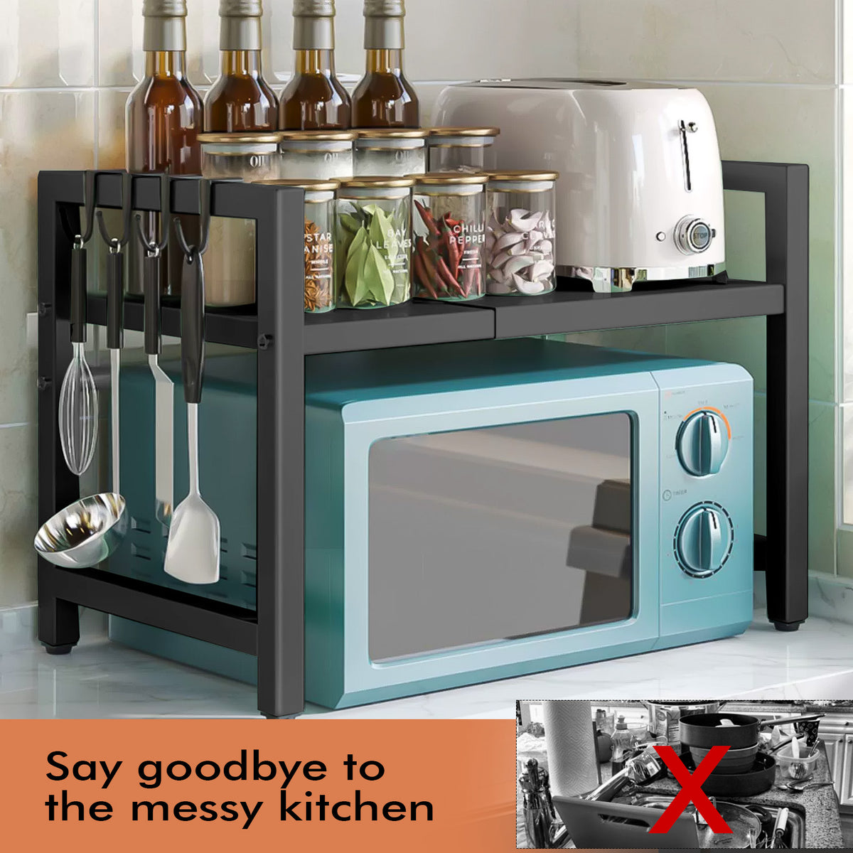 Expandable Vinzona kitchen storage rack with six hooks, ideal for organizing kitchen utensils and maximizing space.