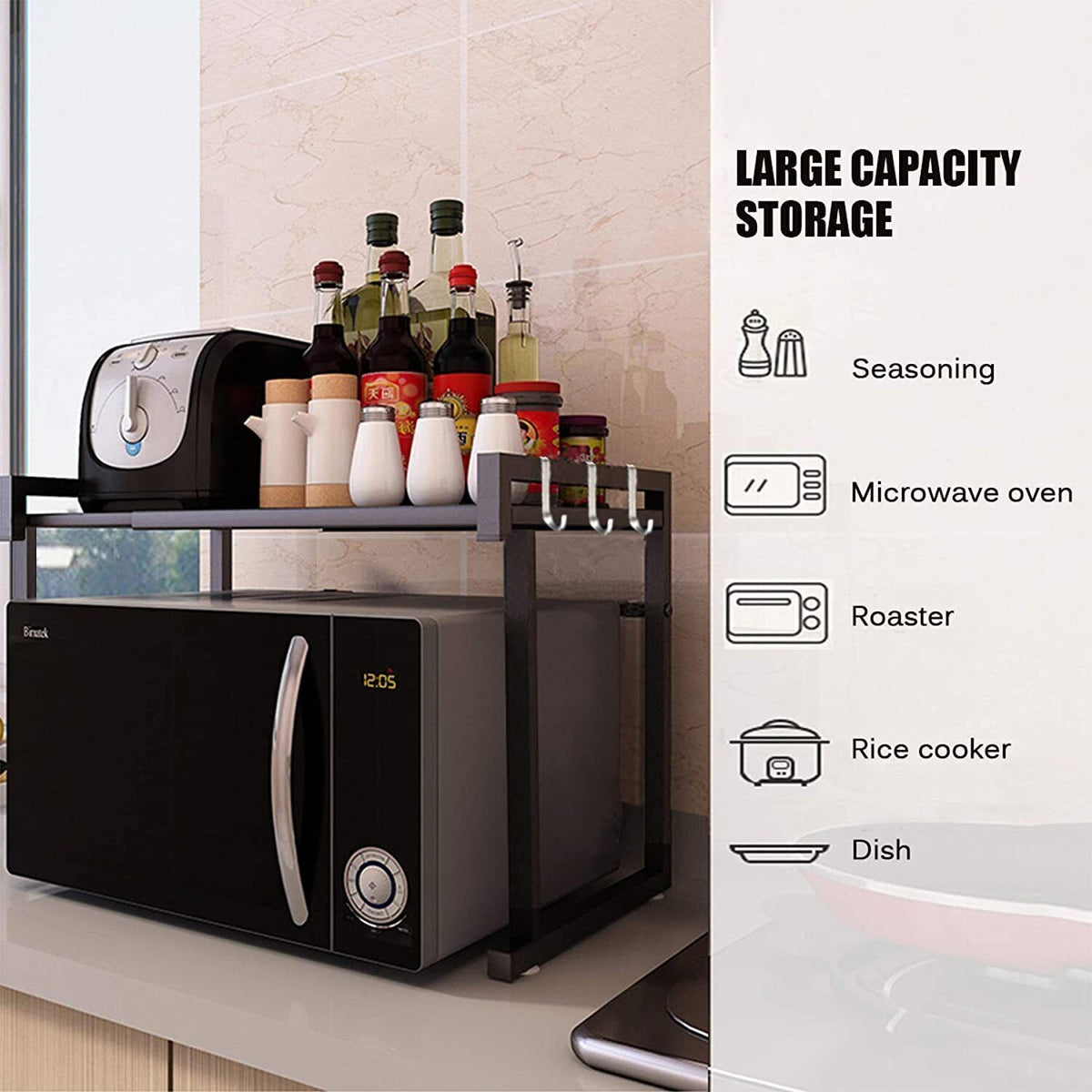 Expandable Vinzona kitchen storage rack with 6 hooks, metal finish, and adjustable design for organizing dishes and utensils.