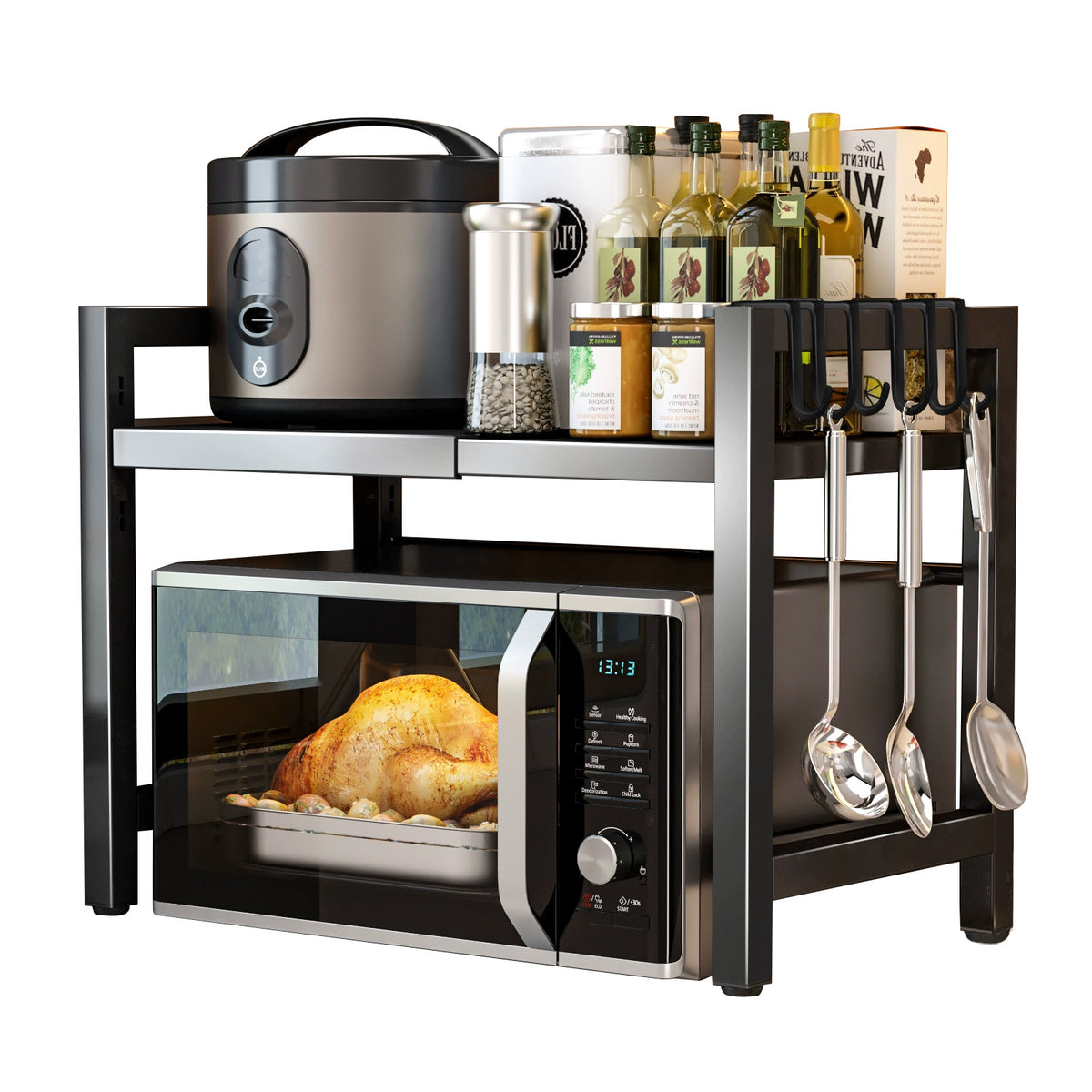Vinzona expandable kitchen storage rack with 6 hooks, metal design for organizing utensils and kitchen tools.