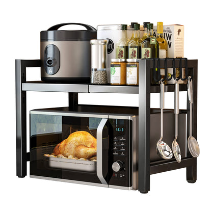 Vinzona expandable kitchen storage rack with 6 hooks, metal design for organizing utensils and kitchen tools.