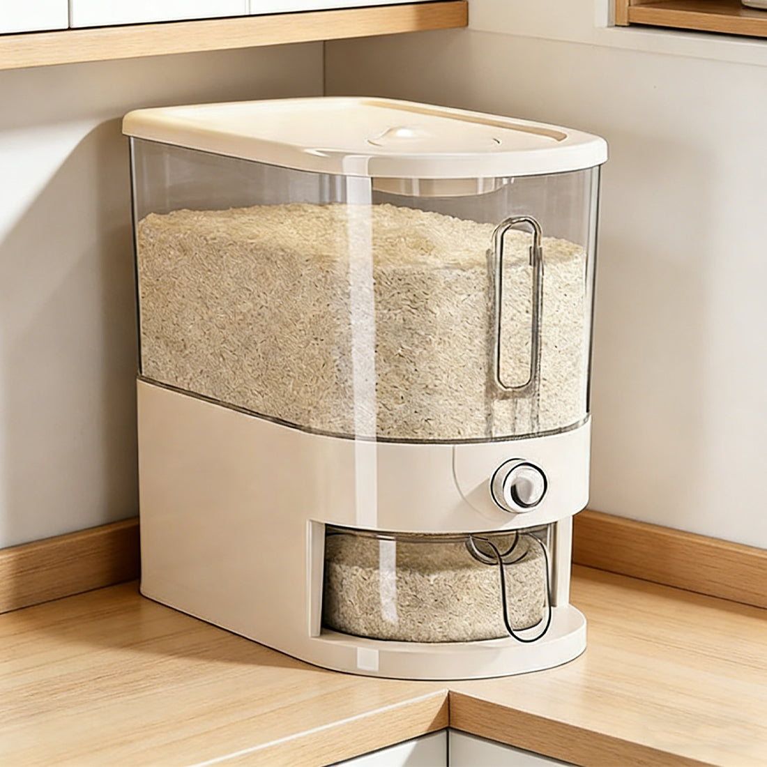 Vinzona 5kg rice and grain dispenser container for kitchen organization and dining storage, featuring a clear plastic design with a dispensing spout.