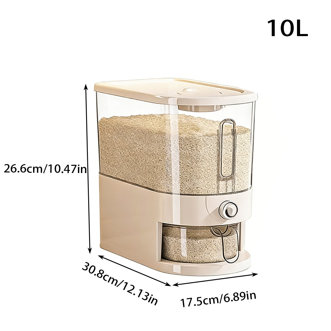 Vinzona 5kg rice and grain dispenser container for kitchen organization, featuring a clear plastic body and a dispensing spout.