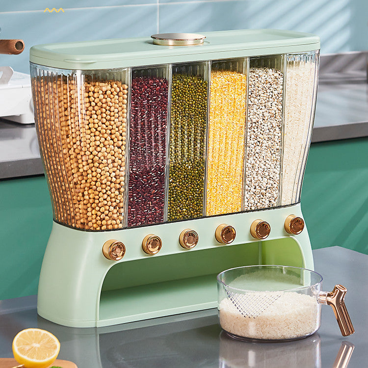 Vinzona multi-compartment grain storage container with clear sections for kitchen organization and easy access to dry goods.