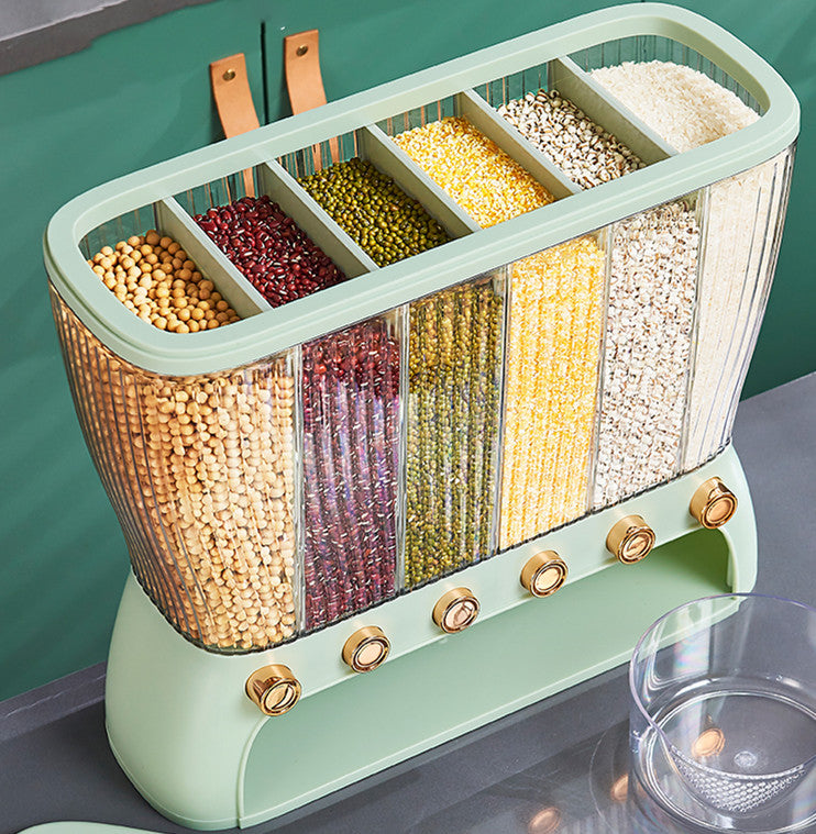 Vinzona multi-compartment grain storage container for kitchen organization, featuring clear sections for easy meal prep and pantry use.