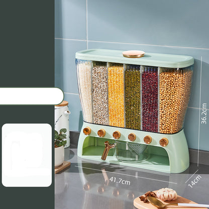 VinZona multi-compartment grain storage container for kitchen organization, featuring clear sections for easy grain identification.