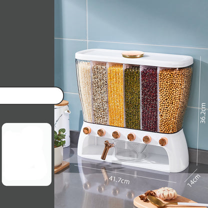 Vinzone multi-compartment grain storage container for kitchen organization, with clear sections for storing various grains.