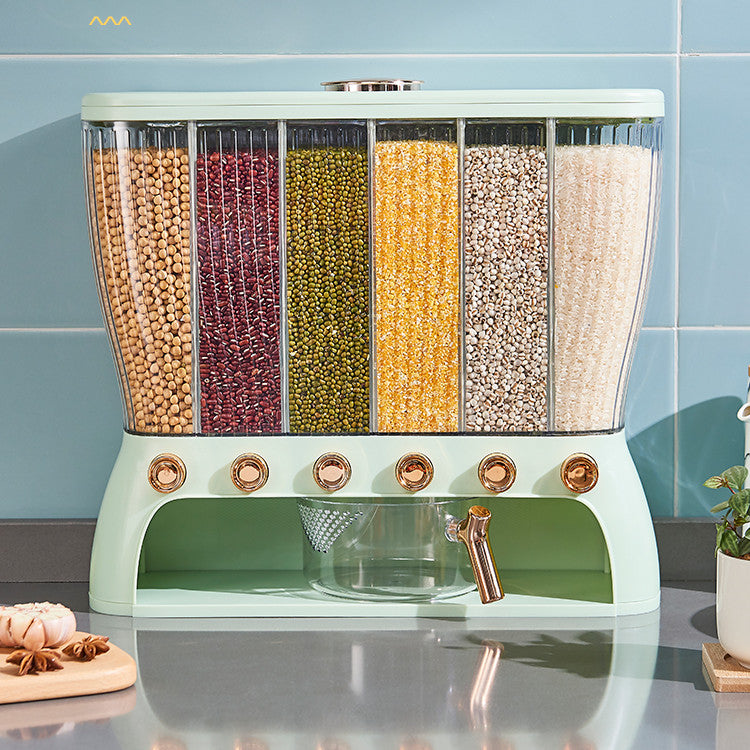 VinZona multi-compartment grain storage container for kitchen organization, with clear sections for storing different grains.