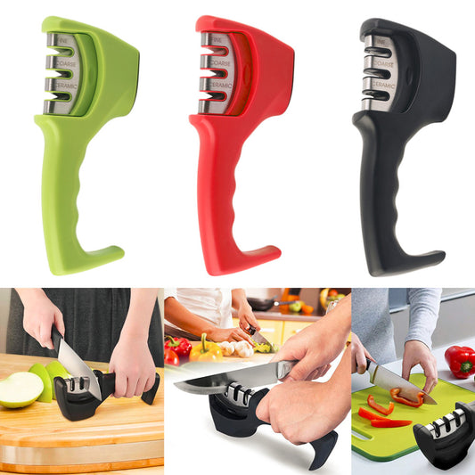 Vinzona 3-stage professional kitchen knife sharpener with ergonomic handle and sharpening slots for blades and cutlery.