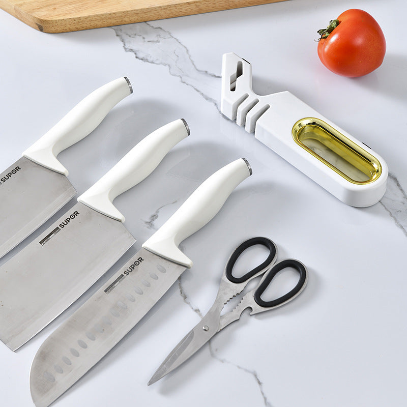 Vinzona 4-in-1 manual knife sharpener with multiple sharpening stages and grinding stone for kitchen knife care.