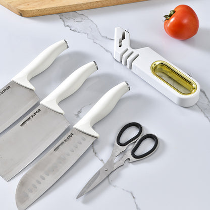 Vinzona 4-in-1 manual knife sharpener with multiple sharpening stages and grinding stone for kitchen knife care.